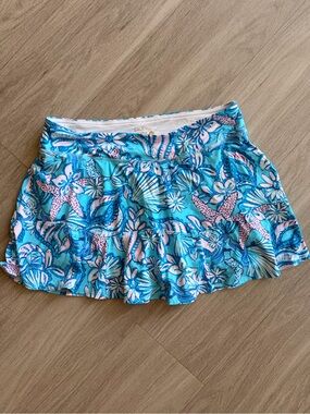 Lilly Pulitzer Aqua Blue & Pink Starfish Floral Ruffle Skirt